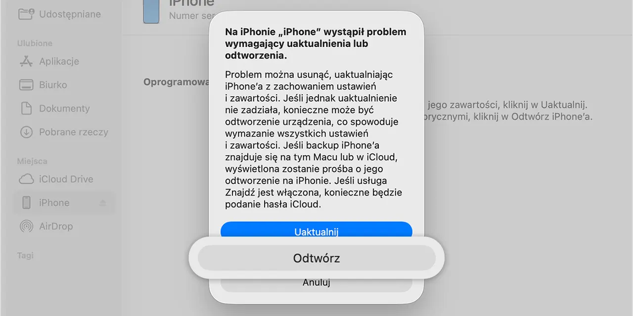Komunikat o błędzie na iPhonie, który wymaga uaktualnienia lub odtworzenia. Aby rozwiązać problem, kliknij "Uaktualnij" lub "Odtwórz", aby odblokować iPhone'a.