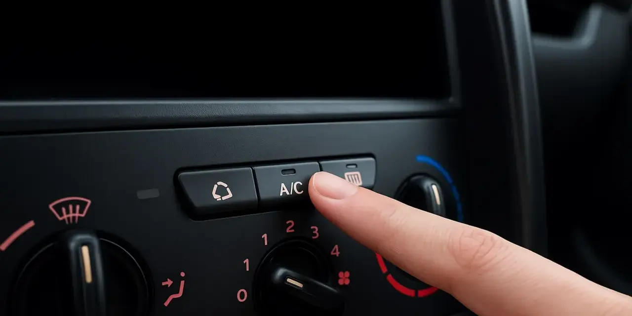 Finger presses the A/C button on a car's climate control panel, ready to activate the car air conditioning for a cool ride.