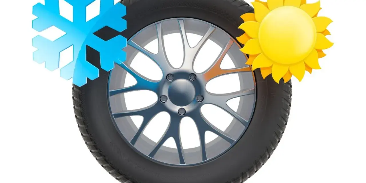 Cerchio con simbolo del sole e del fiocco di neve, simbolo gomme estive e invernali.