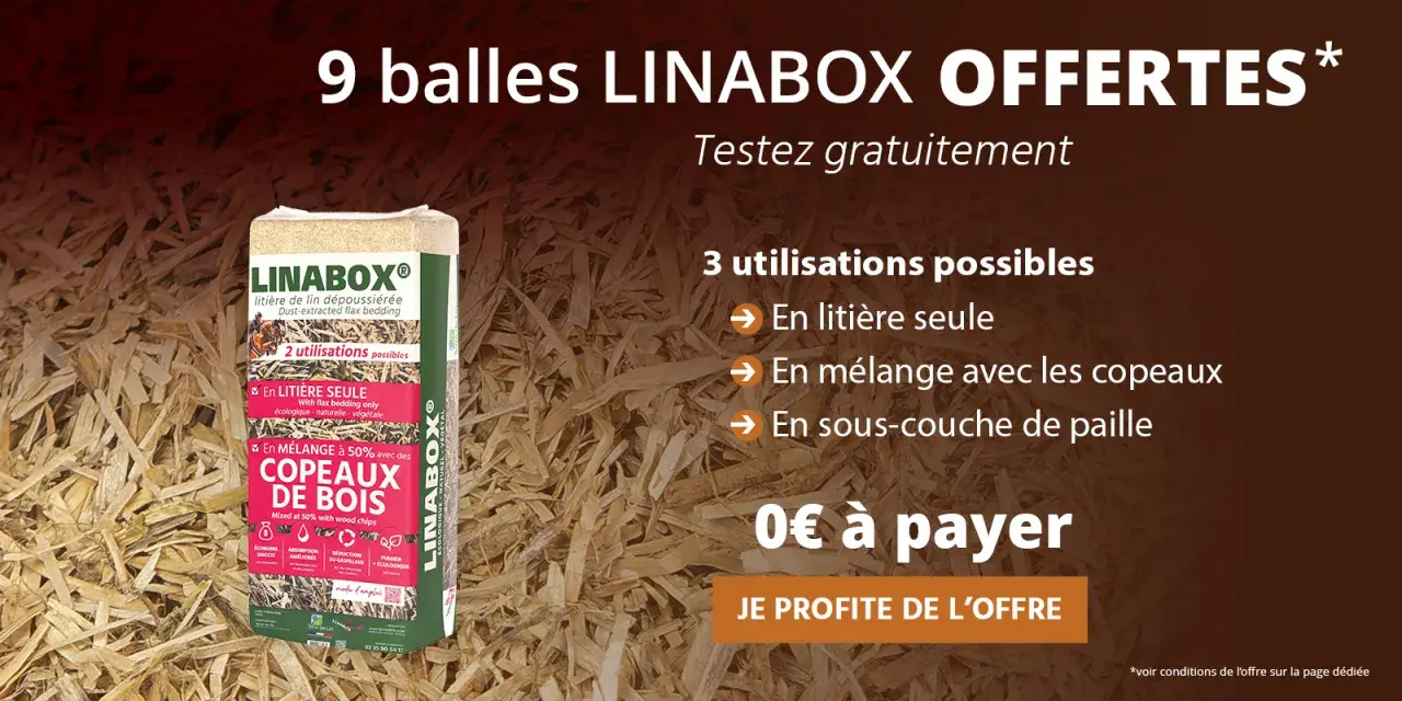 Un sac de litière de lin LINABOX, idéal pour les chevaux. Offre spéciale : 9 balles offertes pour tester cette litière écologique.