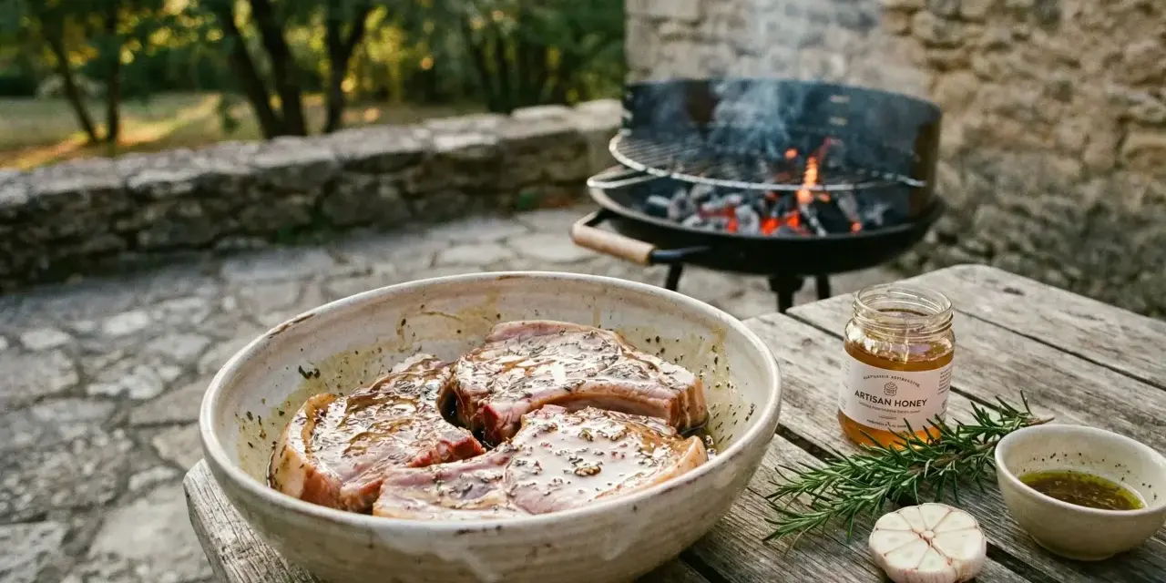Côtes de porc marinées, prêtes pour le barbecue. Un pot de miel artisanal, du romarin et de l'ail complètent la scène.