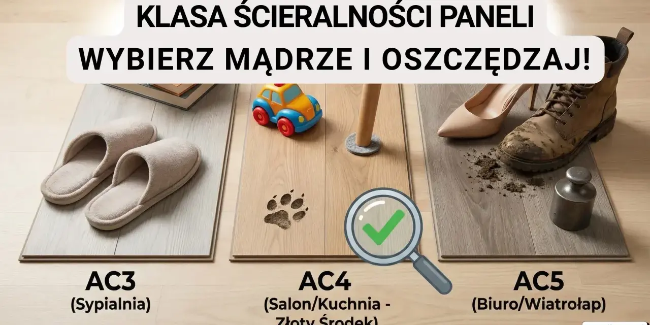 Panele podłogowe: AC3 (sypialnia), AC4 (salon/kuchnia), AC5 (biuro/wiatrołap). Wybierz mądrze klasy ścieralności paneli i oszczędzaj!