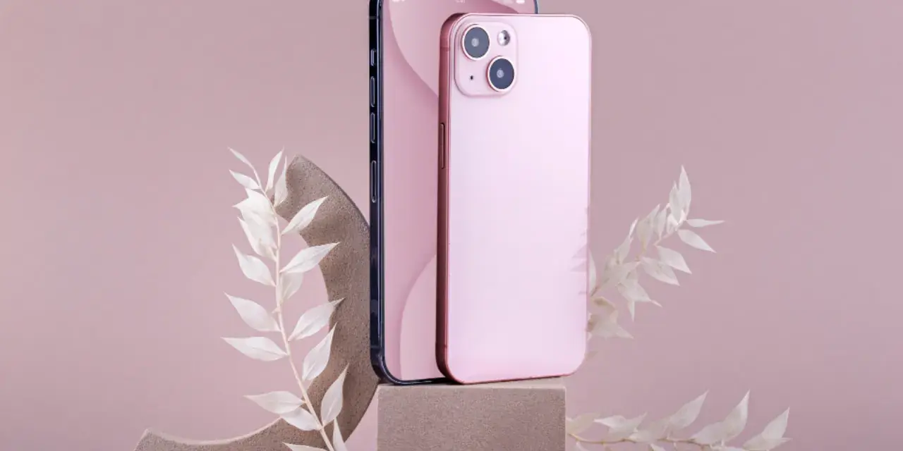 Dwa telefony, jeden ciemny, drugi różowy iPhone 11, stoją na kamiennych podstawkach, ozdobione delikatnymi, białymi gałązkami.