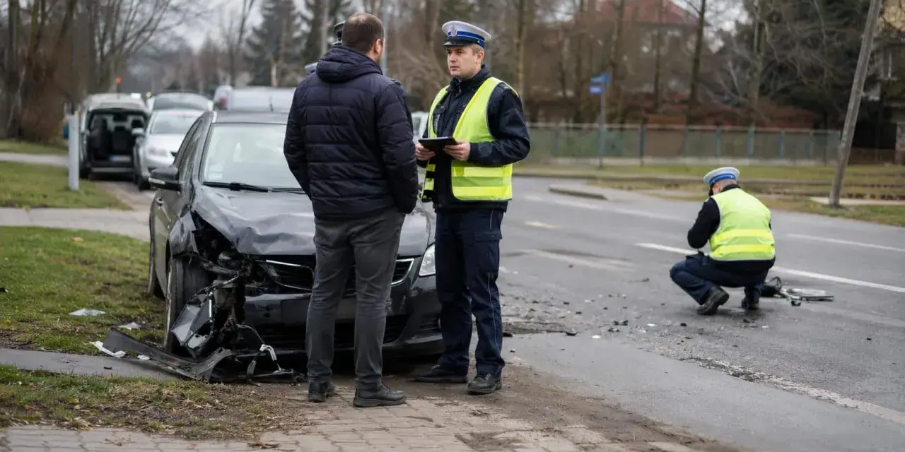Policjant spisuje zeznania po wypadku. Uszkodzony samochód i ślady na drodze wskazują na poważne zdarzenie, które może skutkować karą za spowodowanie wypadku z uszczerbkiem na zdrowiu.