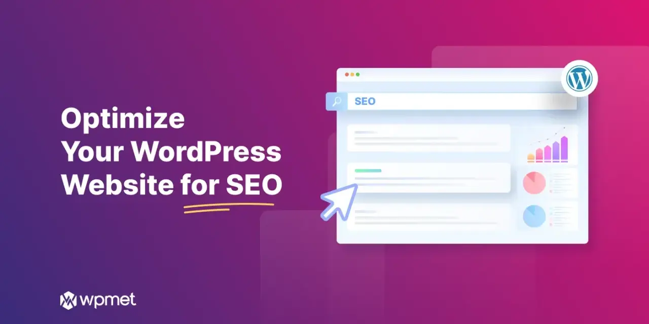 Optimisez votre site WordPress pour le SEO. Graphiques et barre de recherche SEO sur un écran d'ordinateur.