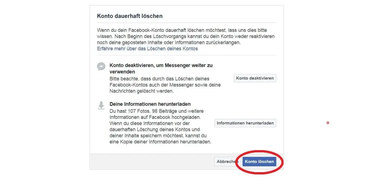 Facebook-Seite mit Optionen zum dauerhaften Löschen oder Deaktivieren des Kontos und zum Herunterladen von Daten.