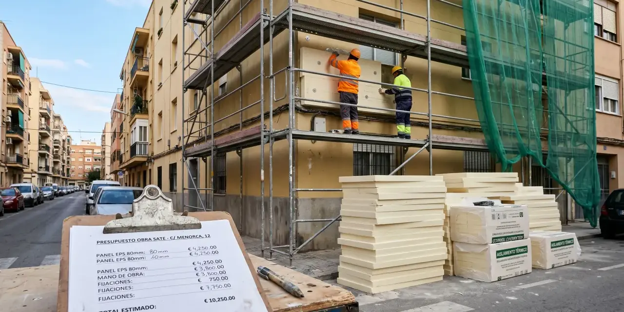 Presupuesto de obra SATE: dos trabajadores instalan aislamiento térmico en fachada. Materiales apilados y presupuesto detallado.
