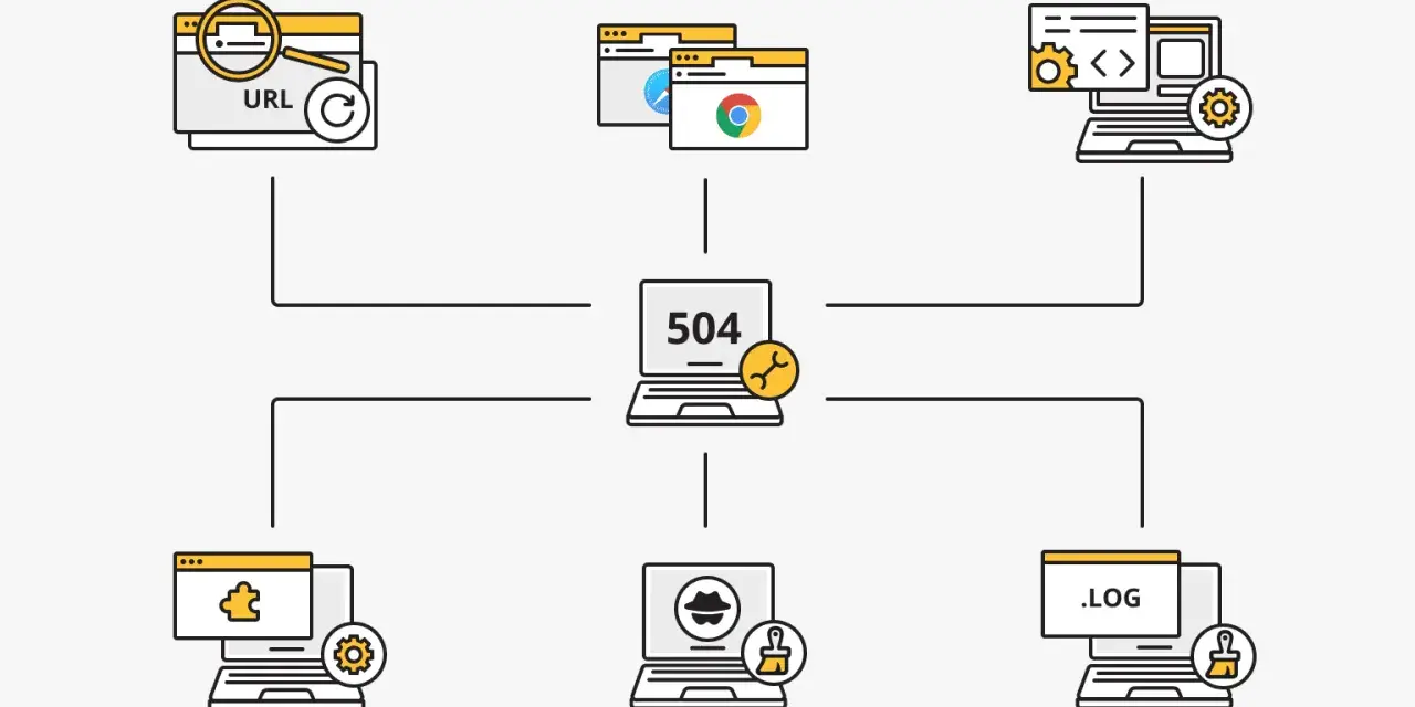 Diagram przedstawia problem z połączeniem, centralny laptop z napisem "504" i symbolem klucza, otoczony ikonami przeglądarek, kodu i logów. To wizualizacja błędu serwera.