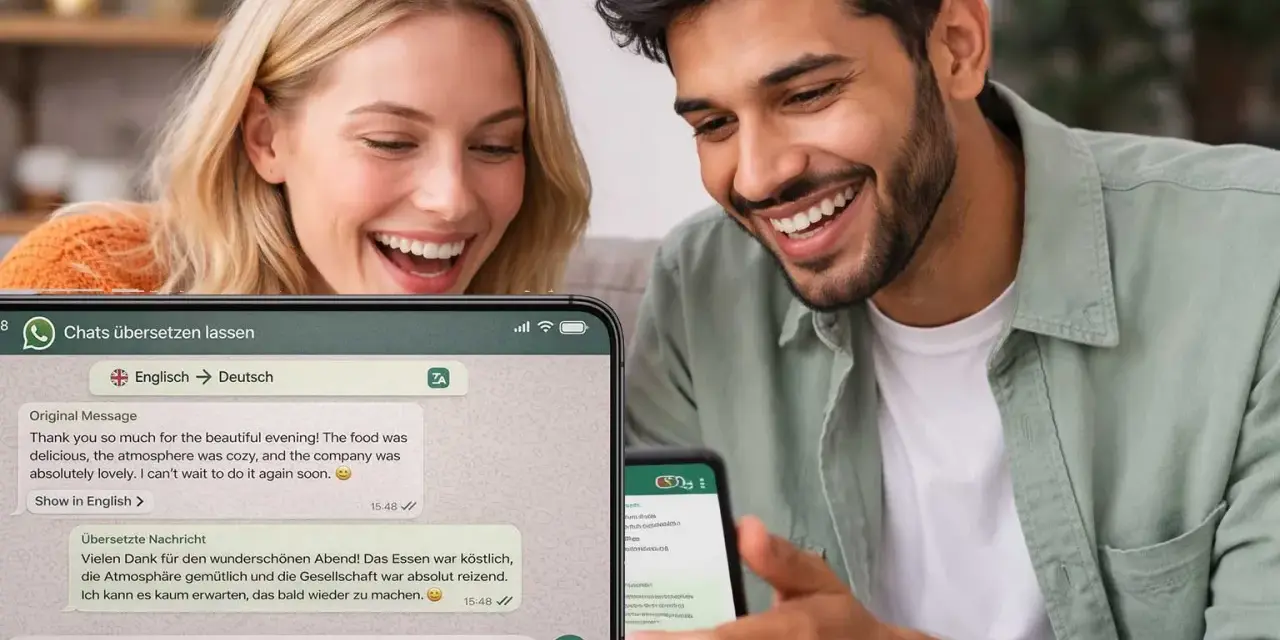 Ein Paar lacht, während es eine WhatsApp-Nachricht auf Deutsch liest. Sie schätzen die einfache Kommunikation, die ihnen die deutsche Sprache ermöglicht.