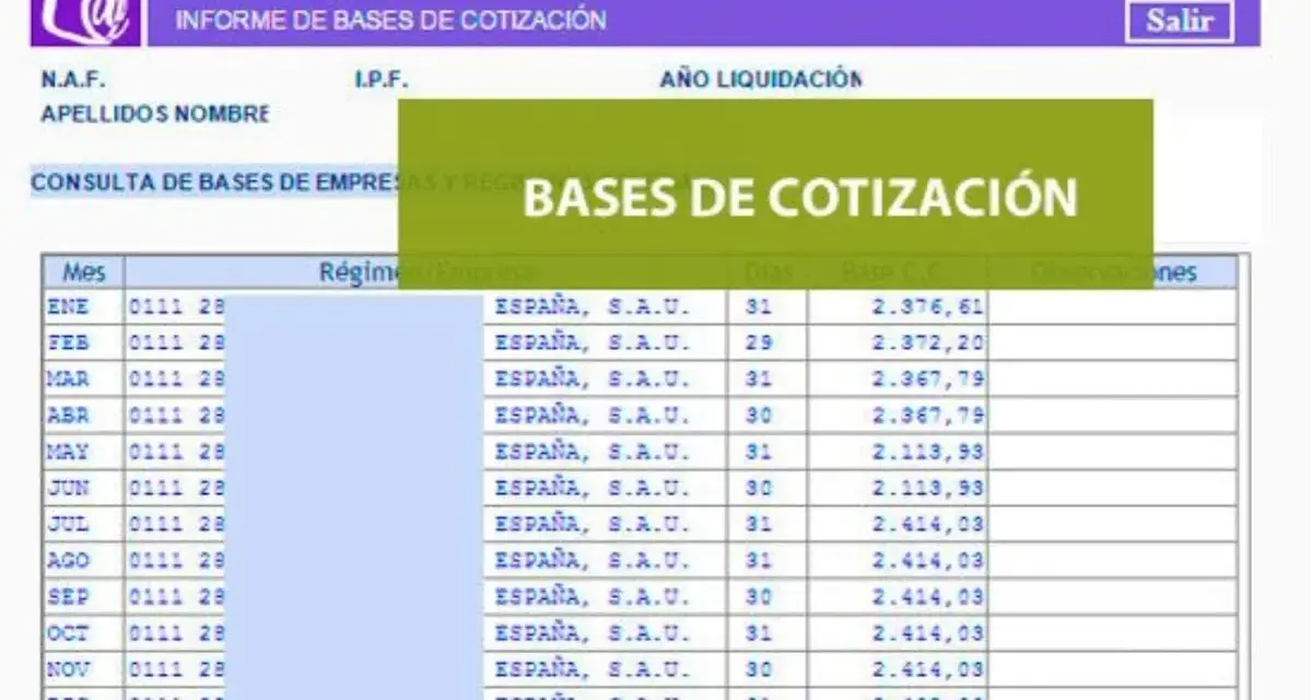 Informe base de cotización mensual de España, S.A.U. con datos de días y bases.