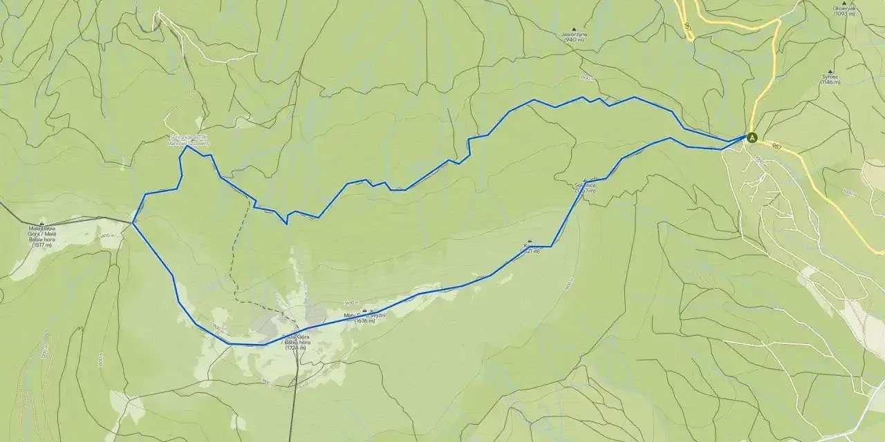 Mapa szlaku turystycznego w górach Beskidy, prowadzącego przez Babia Górę i okolice.