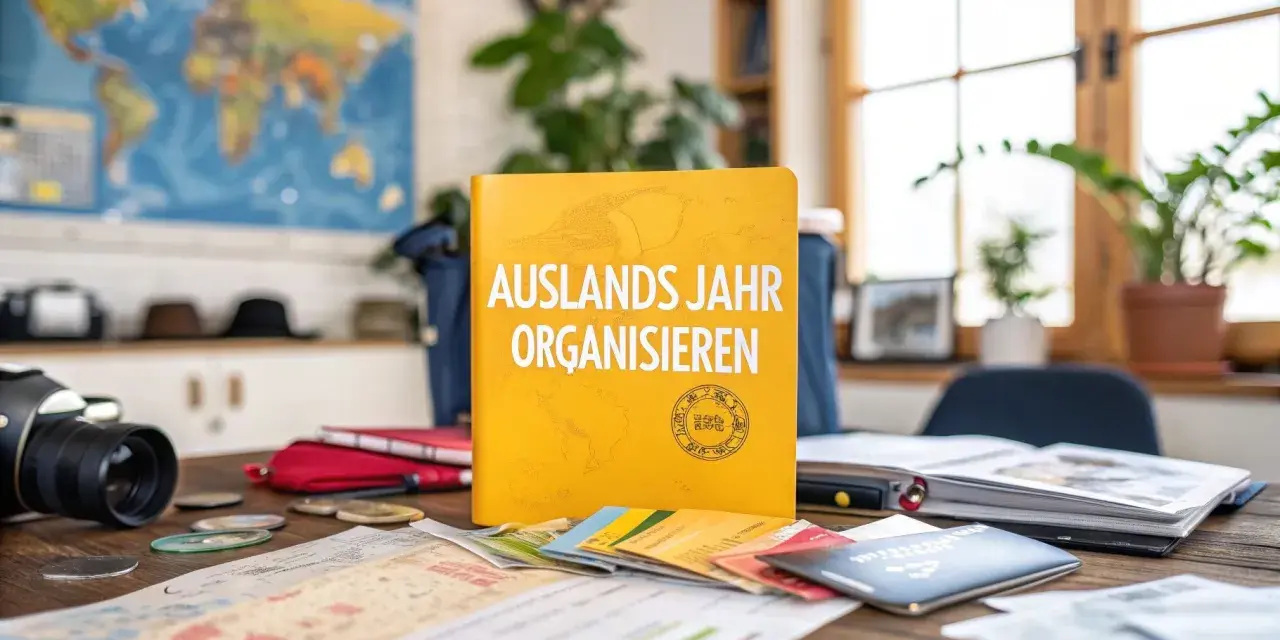 Ein Buch "Auslandsjahr organisieren" liegt auf einem Tisch mit Reisepässen, Karten und einer Kamera. Perfekt für die Planung des nächsten Abenteuers!