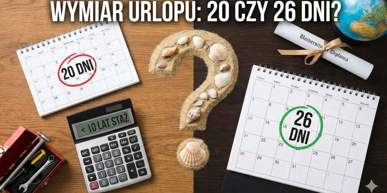 Kalendarz z zaznaczonymi 20 i 26 dniami urlopu, kalkulator stażu pracy i piasek z muszelkami. Czy urlop zależy od stażu?