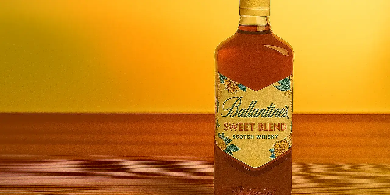 Butelka Ballantines Sweet Blend na drewnianym blacie, w tle ciepłe, żółte światło.