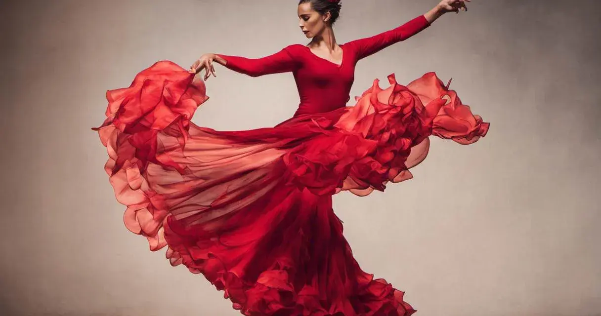 Tancerka w czerwonej sukni wiruje w rytm flamenco, jej strój faluje niczym płomienie.
