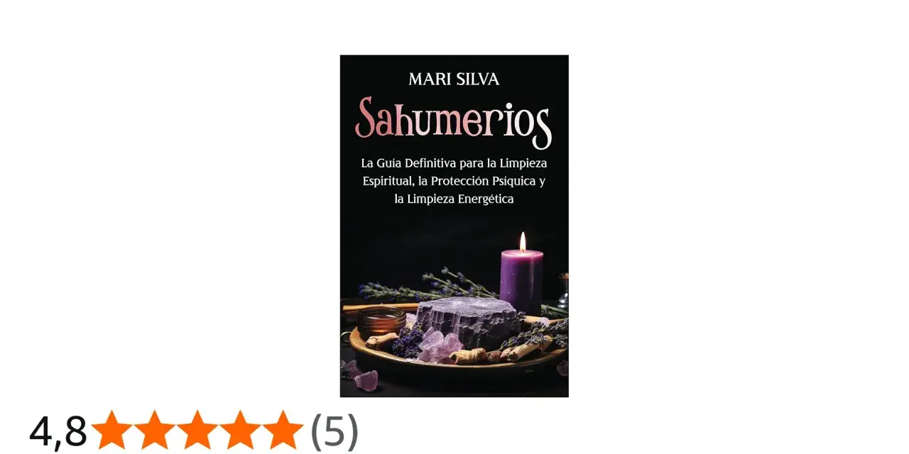 Libro "Sahumerios" de Mari Silva, con vela morada, cristales y hierbas. Explora el **sahumerio significado** para limpieza espiritual y energética.