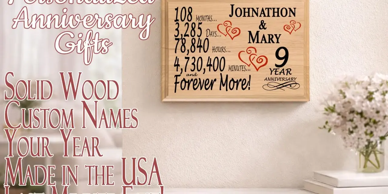 Drewniana tabliczka z napisem "9 Year Anniversary" dla Johnathona i Mary.