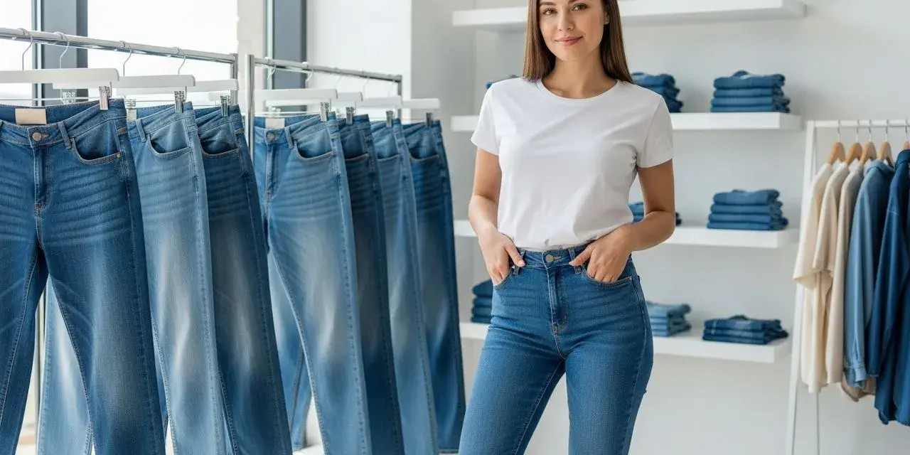 Kobieta w białej koszulce i jasnych jeansach stoi obok wieszaków z różnymi modelami jeansów. Idealny przykład, co pasuje do jasnych jeansów.