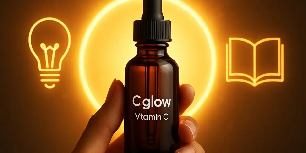 En hand håller en flaska Cglow Vitamin C. En glödlampa och en öppen bok lyser upp bakgrunden. Perfekt för att lära sig om att dricka askorbinsyra.