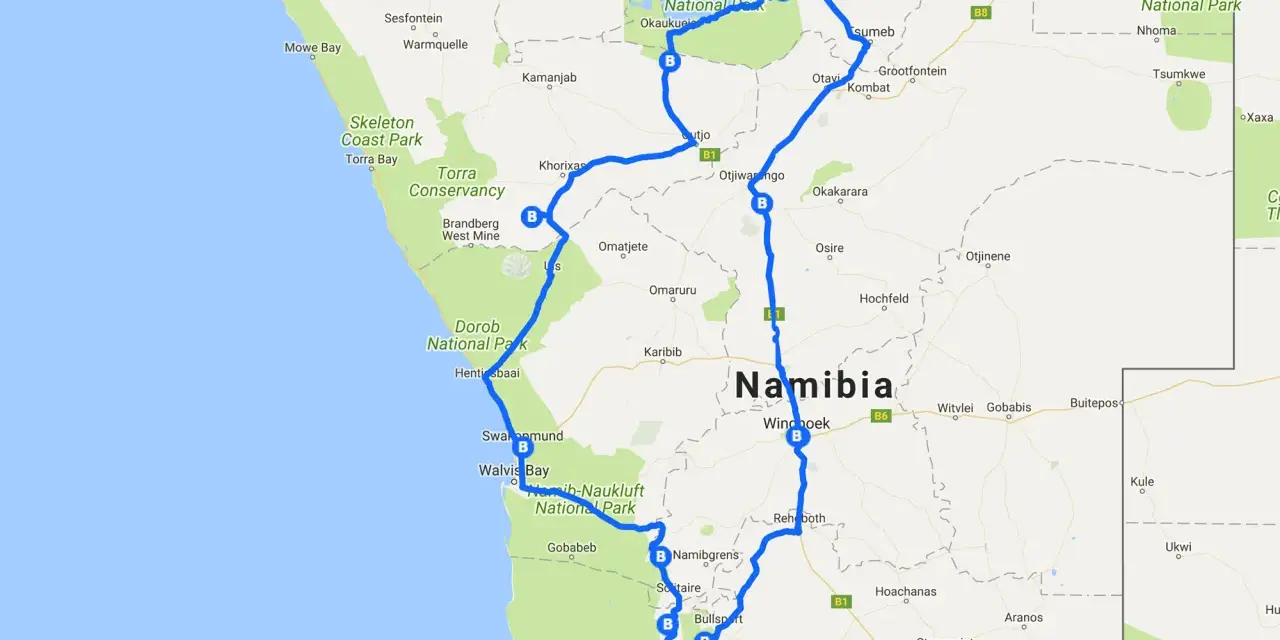 Trasa wycieczki do Namibii: od wybrzeża przez parki narodowe Etosza i Dorob, aż po pustynne tereny.