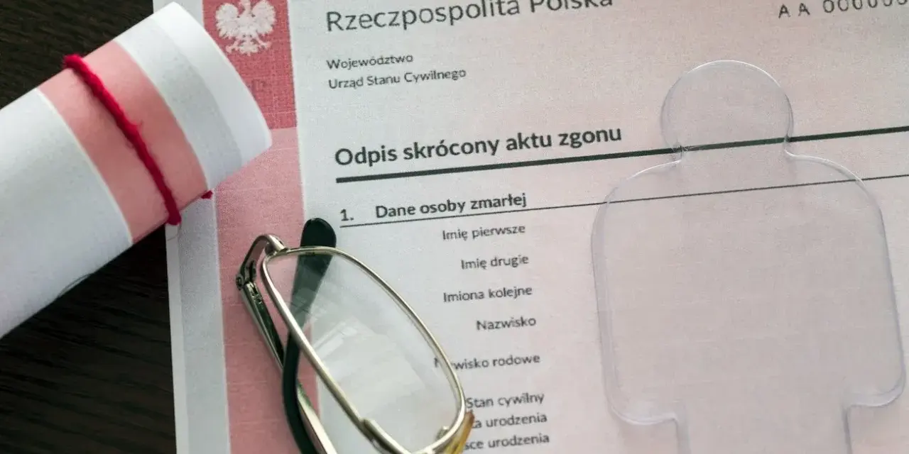 Zrolnowany dokument z orłem, okulary i formularz "Odpis skrócony aktu zgonu".