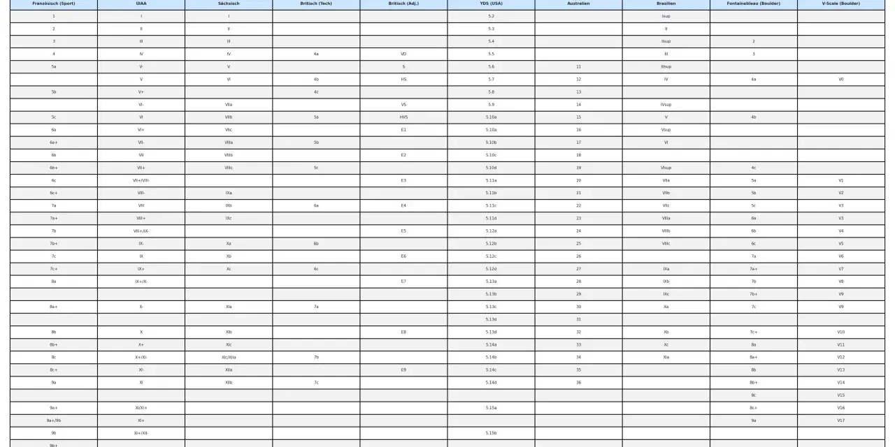 Übersicht der Klettergrade: eine klettergrade tabelle vergleicht verschiedene Schwierigkeitsskalen.