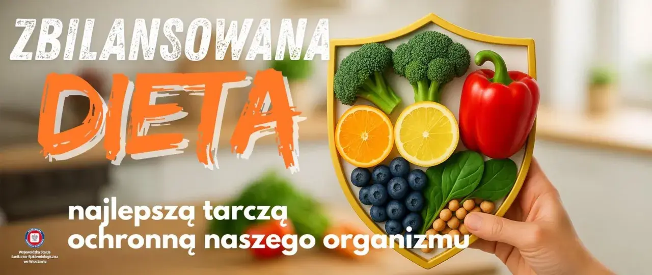 Zbilansowana dieta to najlepsza tarcza ochronna. Owoce i warzywa na tarczy symbolizują co na odporność.