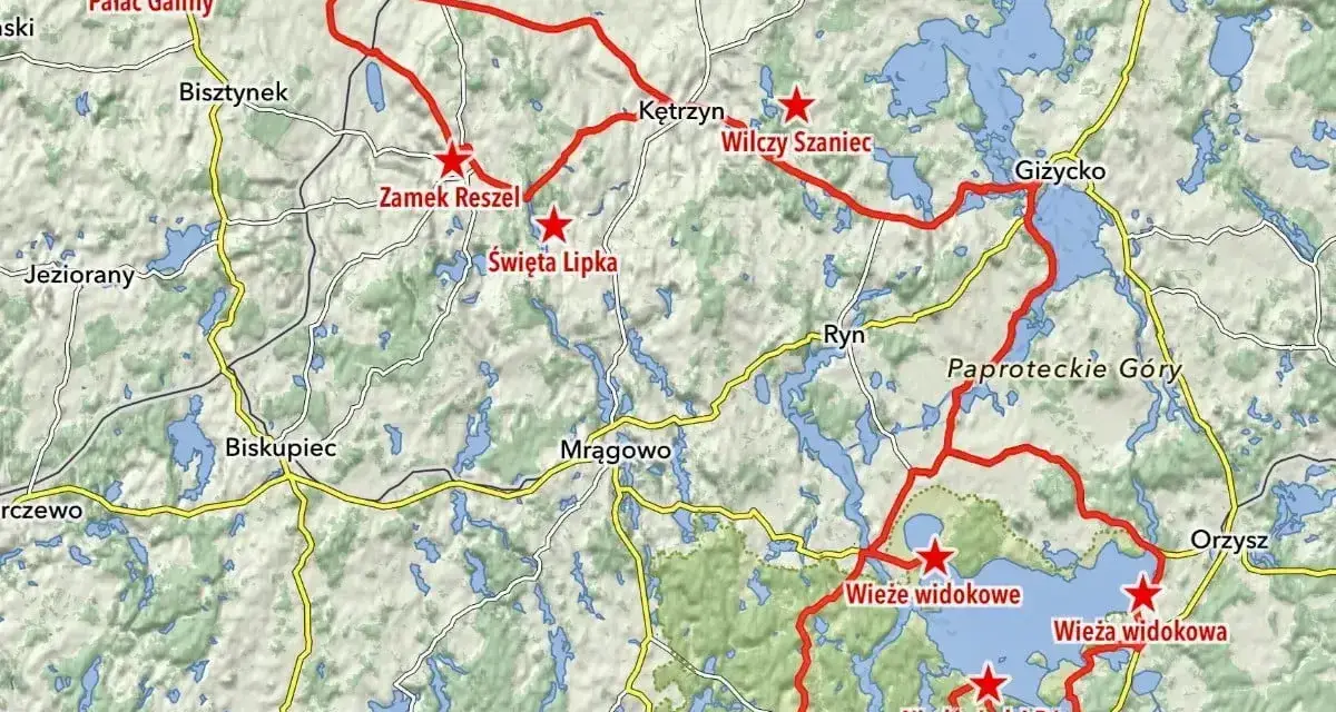 Trasa motocyklem przez Mazury: Pałac Galiny, Zamek Reszel, Święta Lipka, Wilczy Szaniec, Giżycko, Wieże widokowe.