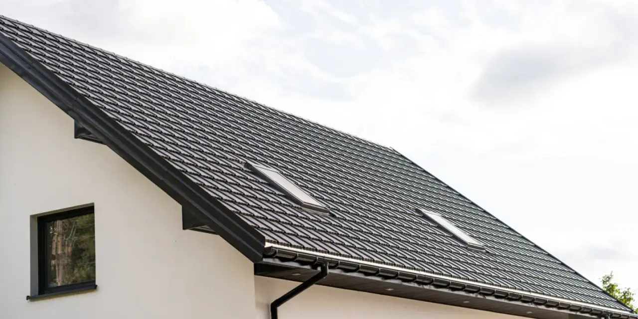 Nowy dach z dachówki w kolorze RAL 9011, z oknem dachowym i białym tynkiem.