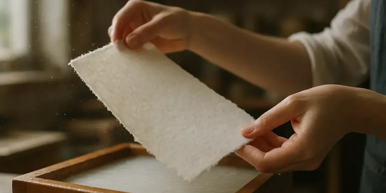 Ręce wyjmują świeżo wykonany papier czerpany z drewnianej ramy. Proces tworzenia papieru czerpanego jak zrobić jest fascynujący.