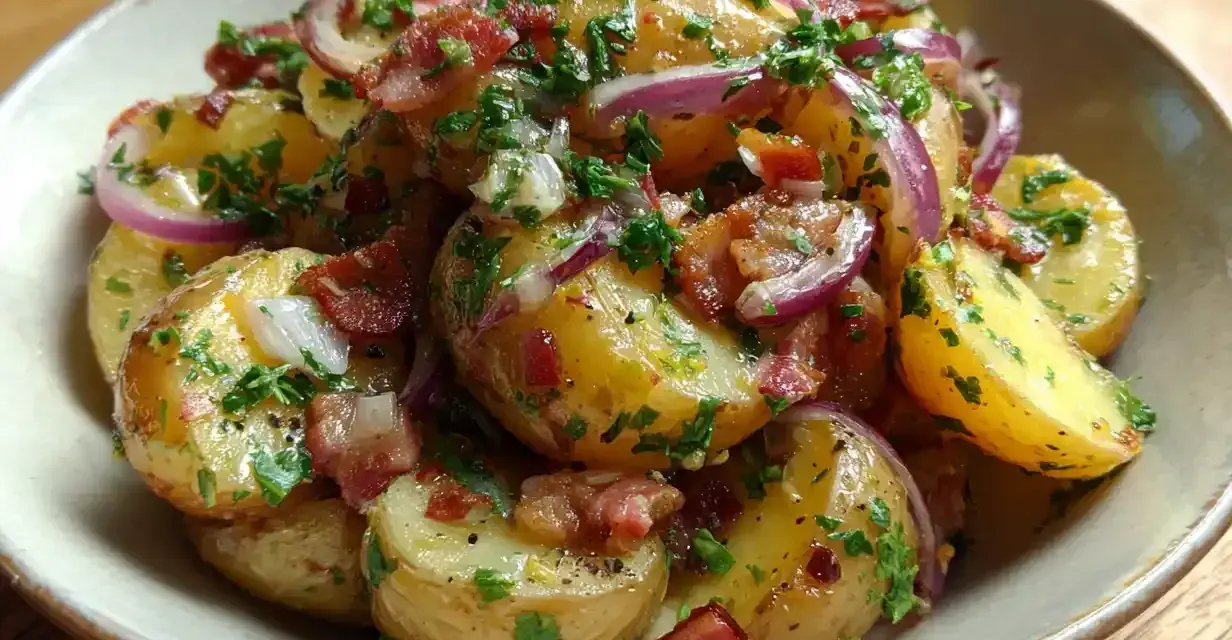 En skål med tysk potatissallad, full av potatis, rödlök, knaperstekt bacon och färsk persilja.