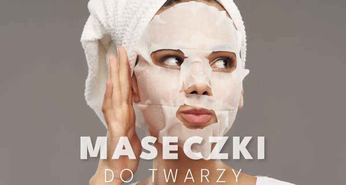 Kobieta z ręcznikiem na głowie stosuje maseczkę na niedoskonałości. Tekst: "MASECZKI DO TWARZY".
