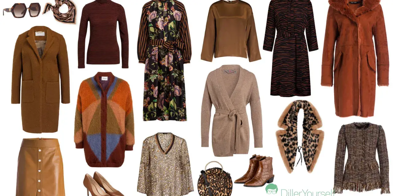 Braune Kleidung, von Mantel bis Rock, kombiniert mit Leo-Muster und Streifen. Welche Farben passen zu braun? Hier sind einige Ideen für Outfits.