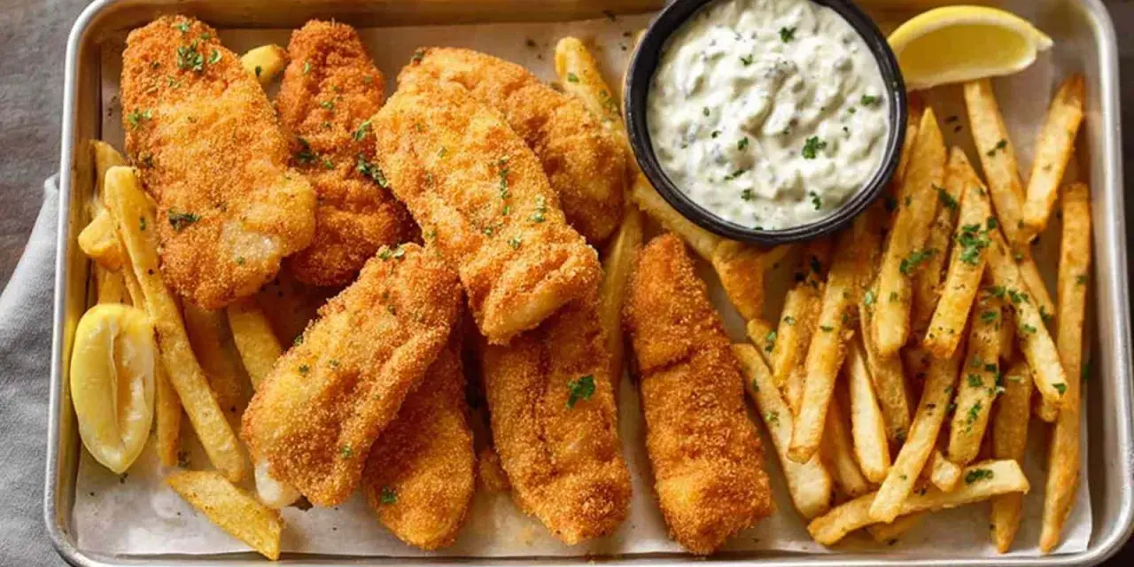 Idealny Fish and Chips przepis: chrupiące ryby w panierce, złociste frytki, sos tatarski i cytryna na tacy.