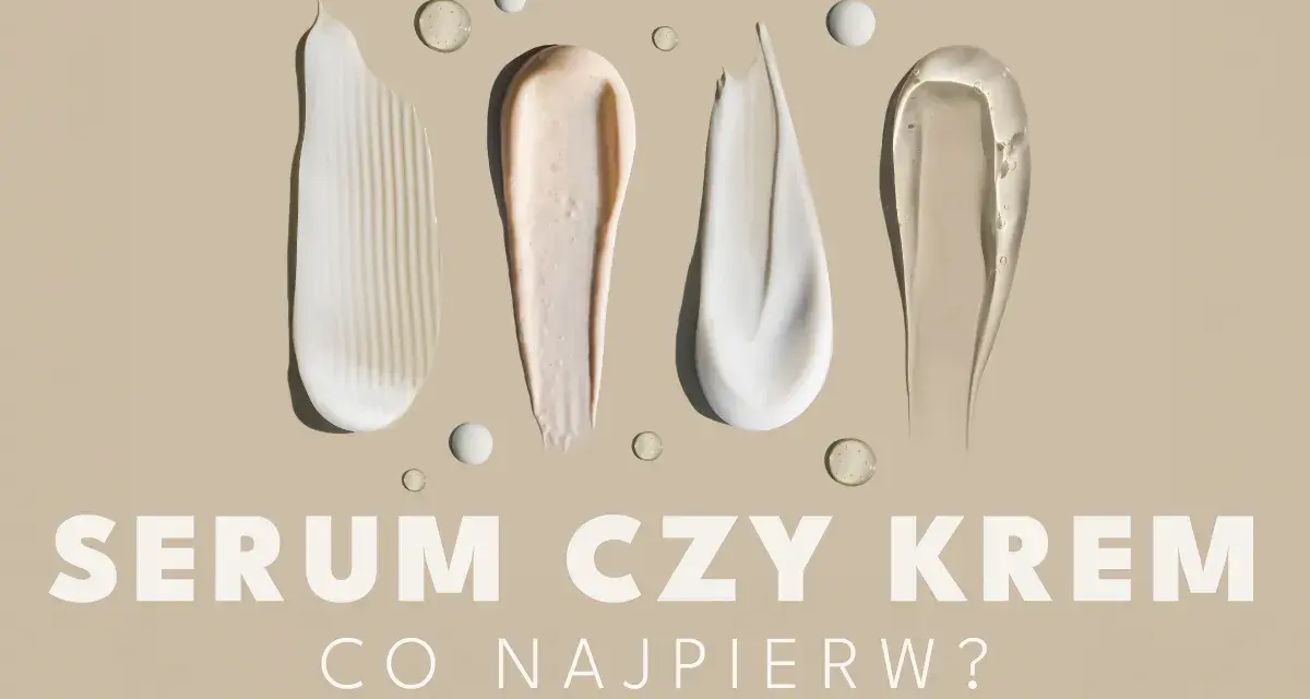 Smugi kremów i serum na beżowym tle. Czy na serum trzeba nakładać krem? Tekst: SERUM CZY KREM CO NAJPIERW?