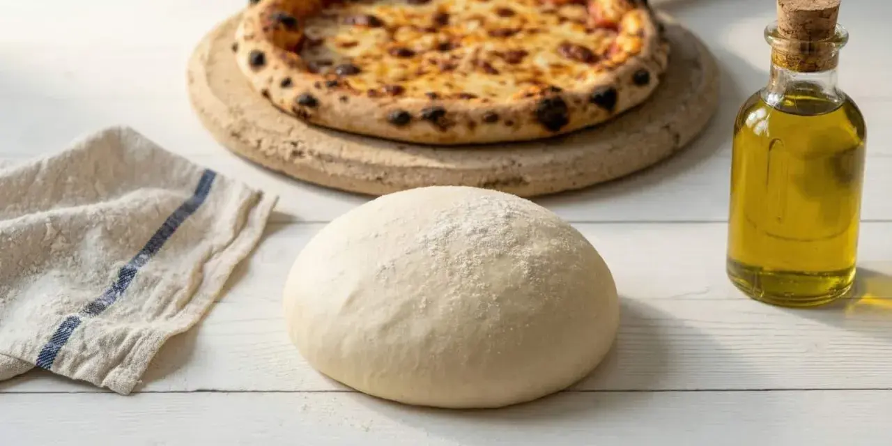 Świeże ciasto na pizzę, gotowe do pieczenia, obok butelki oliwy i upieczonej pizzy.