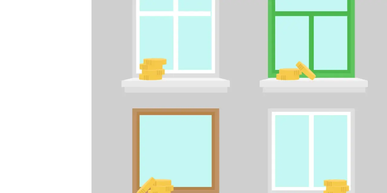 Stapel Münzen auf Fensterbänken, die unterschiedliche Fensterrahmen und -größen zeigen. Die Grafik illustriert die Frage nach den Fenster Kosten pro m2.