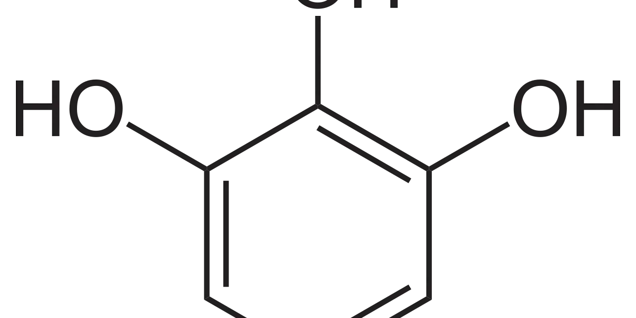 Chemische Struktur von Pyrogallol, einem Derivat des Phenols mit drei Hydroxylgruppen am Benzolring.