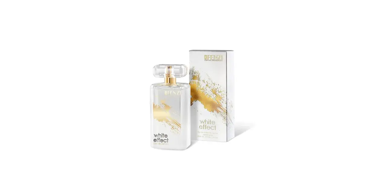 Elegancka butelka perfum Jfenzi White Effect z kartonikiem, ozdobiona złotymi pociągnięciami pędzla.