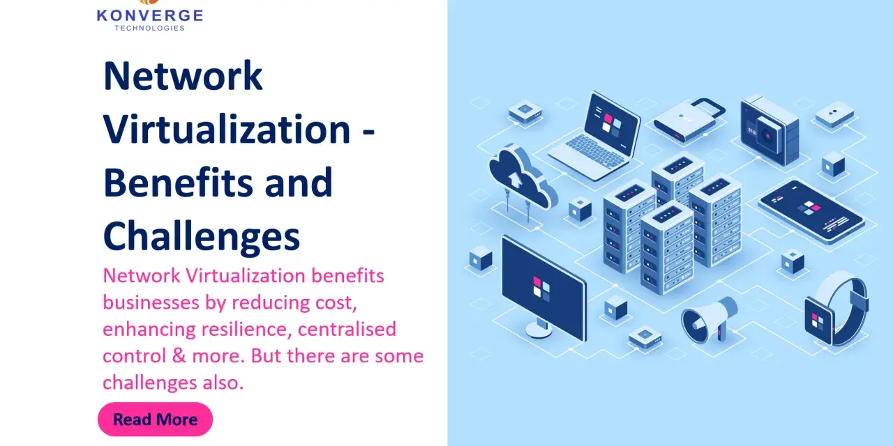 Isometric illustration showcasing network virtualization solutions, with servers, laptops, and cloud icons connected by lines.