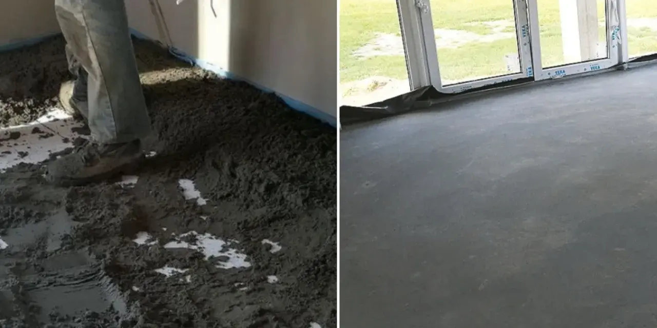 Prace budowlane: wylewanie posadzki z suchego betonu, a następnie gładka, gotowa powierzchnia.