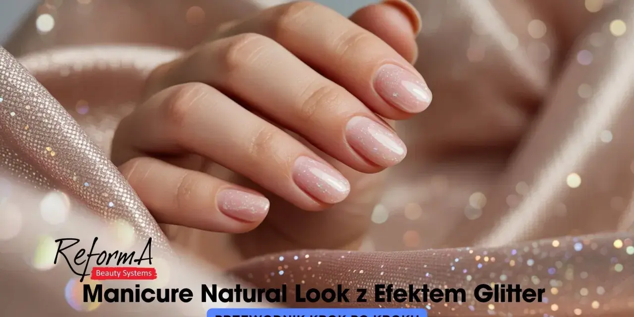 Delikatne zdobienie paznokci w naturalnym stylu z efektem glitter. Dłonie prezentują subtelny manicure, podkreślony blaskiem.