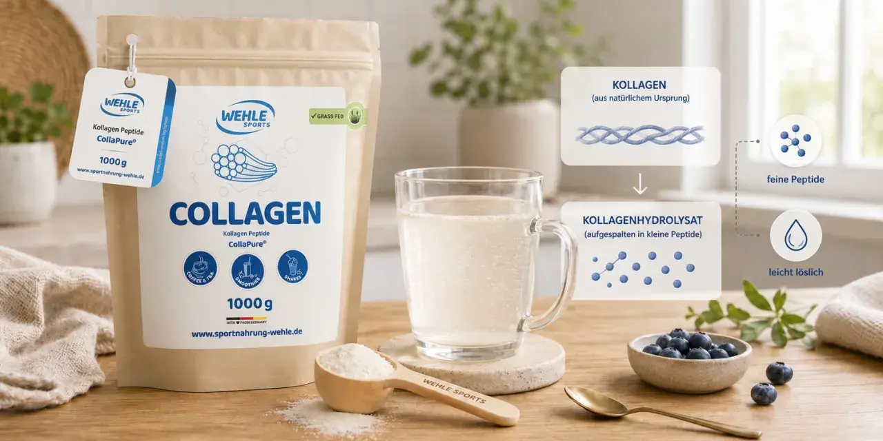 Kollagenhydrolysat: Was ist das? Das Pulver von Wehle Sports wird aus Kollagen gewonnen und in kleine, leicht lösliche Peptide aufgespalten.