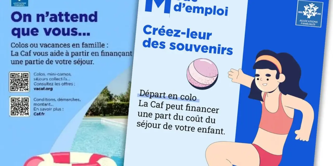 Illustration d'une jeune fille en maillot de bain, d'une bouée et d'une piscine, avec des textes sur les colonies de vacances.