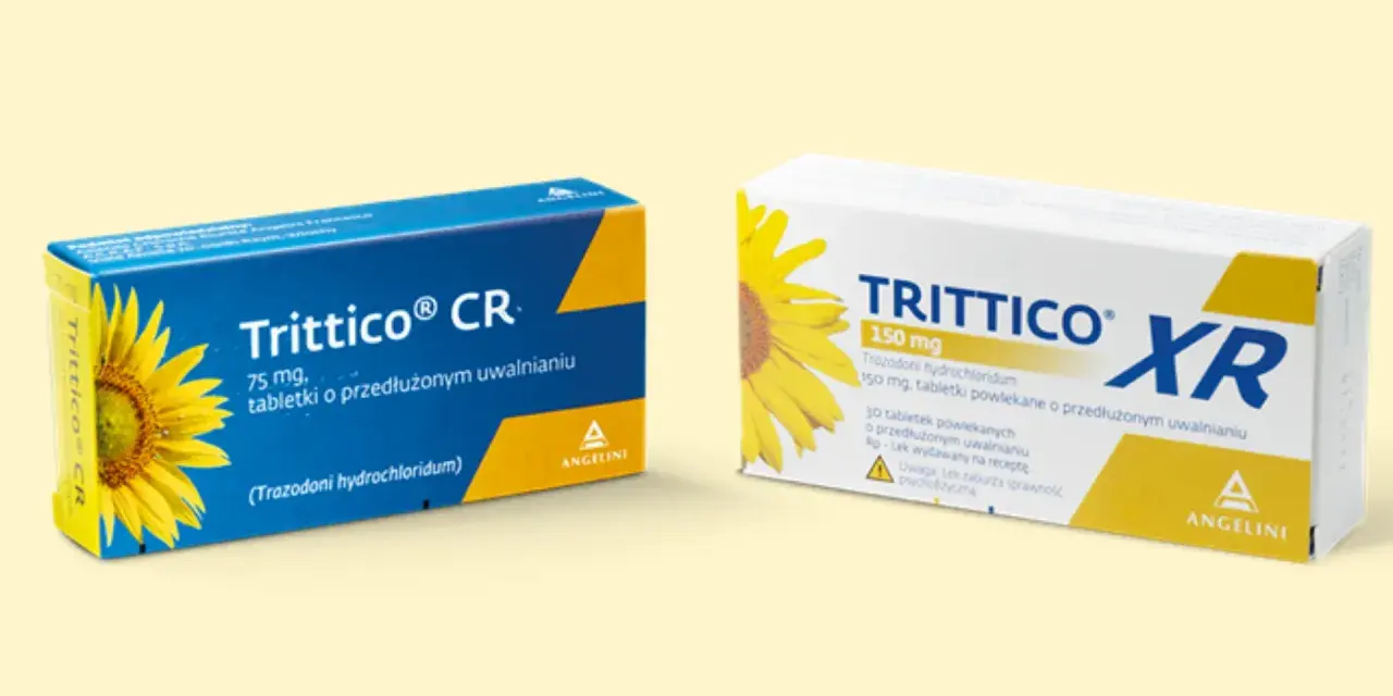 Dwa opakowania leku Trittico CR i Trittico XR z motywem słonecznika. Trittico CR 75 mg, Trittico XR 150 mg.