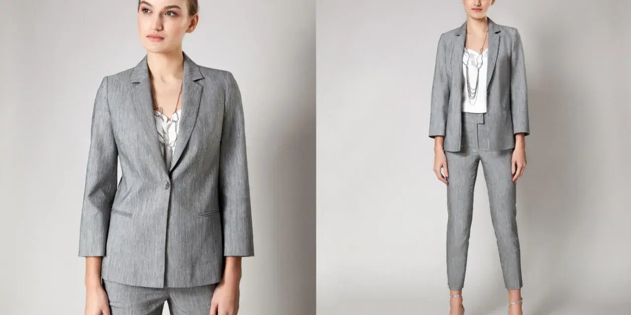 Elegancki szary garnitur damski, idealny do stylizacji business formal.