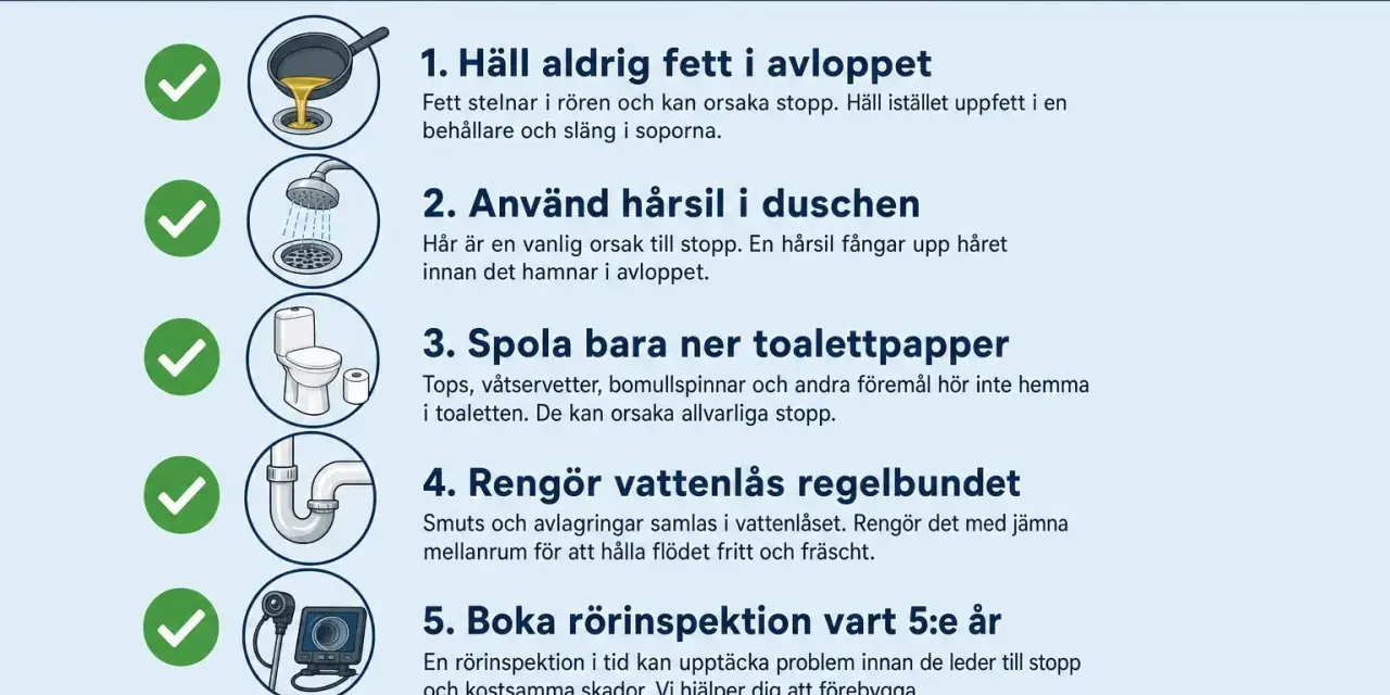 Undvik att hälla fett i avloppet, använd hårsil i duschen och spola bara ner toalettpapper för att förhindra att det luktar avlopp i huset. Rengör vattenlås och boka rörinspektion.