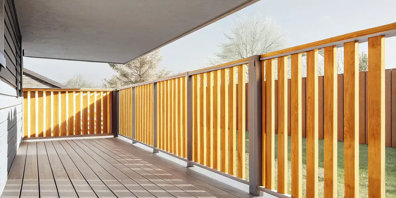 En nybyggd altan med ett modernt staket i trä och metall. Perfekt för att bygga staket altan och njuta av sommaren.