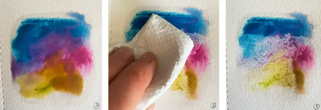 Triptyque montrant une technique d'aquarelle pour débutant : application de couleurs vives, tamponnage avec un tissu, et résultat final. Débutant dessin aquarelle facile.