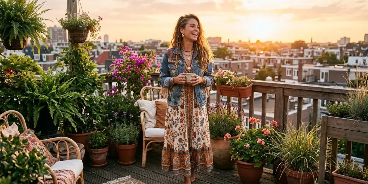 Une femme à l'allure hippie, robe fleurie et veste en jean, savoure une boisson sur un balcon fleuri, au coucher du soleil.